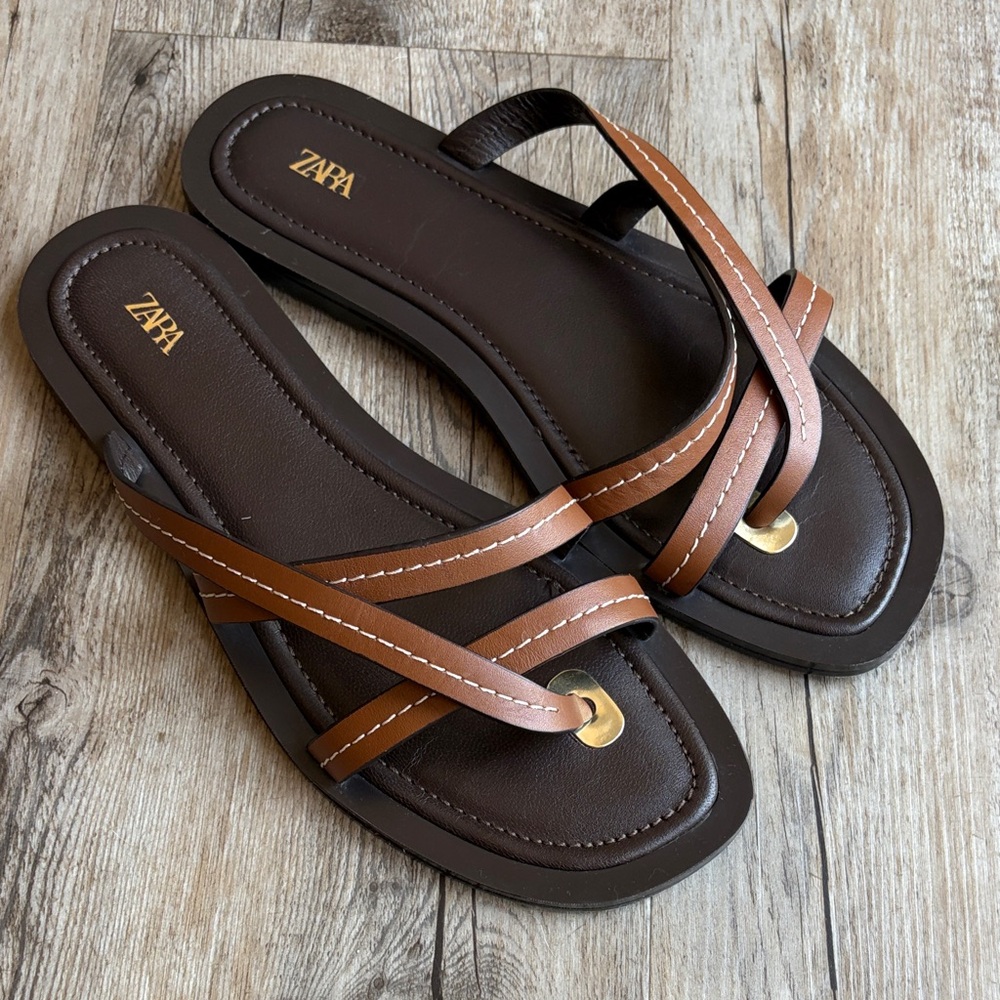 Zara Brown and Tan Leather Strappy Slide Sandals Size 39